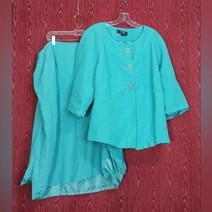 LEVINE CLASSIC 2 Piece Teal 3/4 Sleeve Collarless Button Skirt Suit Womes 20W/30